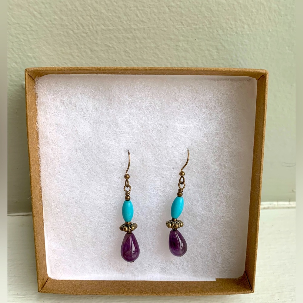 Cheerful and Fun Turquoise and Purple Bead Dangle Earrings